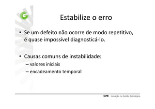 Estabilize o erro
• Se um defeito não ocorre de modo repetitivo,
  é quase impossível diagnosticá-lo.

• Causas comuns de instabilidade:
  – valores iniciais
  – encadeamento temporal
 
