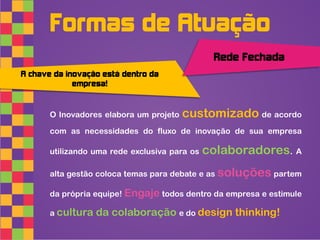 Formas de Atuação
                                                Rede Fechada
A chave da inovação está dentro da
             empresa!


       O Inovadores elabora um projeto   customizado de acordo
       com as necessidades do fluxo de inovação de sua empresa

       utilizando uma rede exclusiva para os   colaboradores. A
       alta gestão coloca temas para debate e as soluções partem

       da própria equipe! Engaje todos dentro da empresa e estimule

       a cultura   da colaboração e do design thinking!
 
