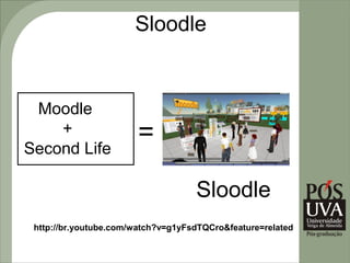 Sloodle


 Moodle
    +
Second Life
                       =

                                    Sloodle
 http://br.youtube.com/watch?v=g1yFsdTQCro&feature=related
 