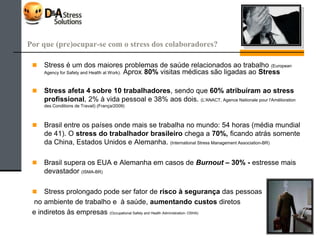 Gerenciamento de Stress no Trabalho
+ doenças crônicas
(hipertensão, obesidade,
cardiopatias, depressão …)
- competitividade da
empresa
+ Stress no
trabalho
+ custos com
assistência médica
+ absenteísmo
- capacidade laborativa
- motivação
+ dificuldade de
concentração e tomar
boas decisões
Promoção de Saúde no Trabalho e
Gerenciamento do Stress
 