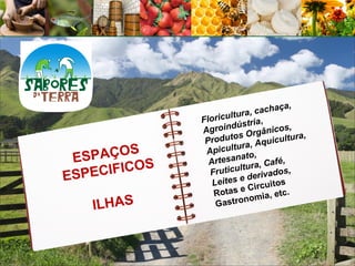 a,
                        ura,  cachaç
              Floricult tria,
                      dús
              Agroin                  s,
                              gânico ra,
                         s Or
               P roduto , Aquicultu
         S             tura
               Apicul to,
 ESPAÇO         Artesa
                        na          é,
ESPECIFICOS              ltu ra, Caf
                 Fruticu erivados,
                         ed
                 Leites            os
                         e Circuit .
                  Rotas            etc
                          nomia,
   ILHAS          Gastro
 