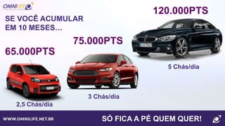 SE VOCÊ ACUMULAR
EM 10 MESES…
65.000PTS
75.000PTS
120.000PTS
2,5 Chás/dia
3 Chás/dia
5 Chás/dia
SÓ FICA A PÉ QUEM QUER!
 