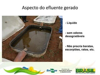 Aspecto do efluente gerado
- Líquido
- sem odores
desagradáveis
- Não procria baratas,
escorpiões, ratos, etc.
 