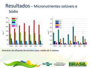 Resultados – Micronutrientes solúveis e
Sódio
Amostras de efluente da terceira caixa: média de 3 coletas.
FSC3 1O3 2O3 3O3 1B3 2B3 3B3
0
50
100
150
200
250
300
mgL
-1
Na
K
P
Ca
Mg
FSC3 1O3 2O3 3O3 1B3 2B3 3B3
0,0
0,2
0,4
0,6
0,8
1,0
1,2
mgL
-1
Fe
Mn
Zn
Cu
 