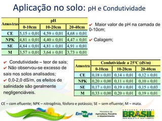 Aplicação no solo: pH e Condutividade
✔ Maior valor de pH na camada de
0-10cm;
✔ Calagem;
✔ Condutividade – teor de sais;
✔ Não observou-se excesso de
sais nos solos analisados;
✔ 0,0-2,0 dS/m, os efeitos de
salinidade são geralmente
negligenciáveis.
Tomé Jr., 1997.
0-10cm 10-20cm 20-40cm
CE 0,18 ± 0,01 0,14 ± 0,01 0,12 ± 0,01
NPK 0,20 ± 0,00 0,11 ± 0,01 0,10 ± 0,01
SE 0,17 ± 0,01 0,19 ± 0,01 0,15 ± 0,03
M 0,33 ± 0,00 0,20 ± 0,01 0,19 ± 0,01
Condutividade a 25ºC (dS/m)
Amostra
CE – com efluente; NPK – nitrogênio, fósforo e potássio; SE – sem efluente; M – mata.
0-10cm 10-20cm 20-40cm
CE 5,15 ± 0,01 4,59 ± 0,01 4,68 ± 0,01
NPK 4,81 ± 0,01 4,40 ± 0,01 4,47 ± 0,01
SE 4,84 ± 0,01 4,81 ± 0,01 4,91 ± 0,01
M 3,57 ± 0,01 3,64 ± 0,01 3,73 ± 0,01
Amostras
pH
 