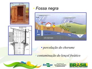 • Fossa negra
• percolação do chorume
• contaminação do lençol freático
 