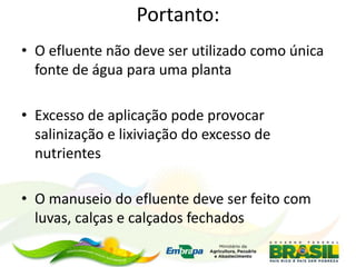 • O efluente não deve ser utilizado como única
fonte de água para uma planta
• Excesso de aplicação pode provocar
salinização e lixiviação do excesso de
nutrientes
• O manuseio do efluente deve ser feito com
luvas, calças e calçados fechados
Portanto:
 