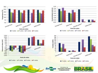 0
20
40
60
80
100
120
140
160
180
200
Turbidez(UNT)
Ponto de coleta
1ª coleta 2ª coleta 3ª coleta 4ª coleta
-120,0
-100,0
-80,0
-60,0
-40,0
-20,0
0,0
20,0
40,0
60,0
80,0
100,0
120,0
Potencialredox(mV)
Ponto de coleta
1ª coleta 2ª coleta 3ª coleta 4ª coleta
0,00
0,50
1,00
1,50
2,00
2,50
3,00
3,50
Condutividade(mS/cm)
Ponto de coleta
1ª coleta 2ª coleta 3ª coleta 4ª coleta
0,0
5,0
10,0
15,0
20,0
25,0
30,0
Temperatura(°C)
Ponto de coleta
1ª coleta 2ª coleta 3ª coleta 4ª coleta
 