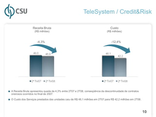 TeleSystem / Credit&Risk

                    Receita Bruta                                                  Custo
                      (R$ milhões)                                              (R$ milhões)



                        -4,3%                                                      -12,4%




■ A Receita Bruta apresentou queda de 4,3% entre 2T07 e 2T08, conseqüência da descontinuidade de contratos
  onerosos ocorridos no final de 2007.

■ O Custo dos Serviços prestados das unidades caiu de R$ 48,1 milhões em 2T07 para R$ 42,2 milhões em 2T08.



                                                                                                              10
 