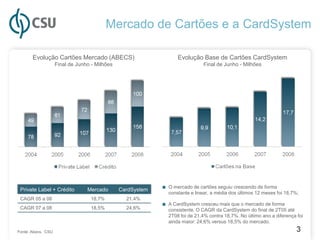 Mercado de Cartões e a CardSystem

       Evolução Cartões Mercado (ABECS)                           Evolução Base de Cartões CardSystem
                    Final de Junho - Milhões                                 Final de Junho - Milhões




 Private Label + Crédito         Mercado       CardSystem
                                                            ■ O mercado de cartões seguiu crescendo de forma
                                                              constante e linear, a média dos últimos 12 meses foi 18,7%;
 CAGR 05 a 08                      18,7%         21,4%
                                                            ■ A CardSystem cresceu mais que o mercado de forma
 CAGR 07 a 08                      18,5%         24,6%        consistente. O CAGR da CardSystem do final de 2T05 até
                                                              2T08 foi de 21,4% contra 18,7%. No último ano a diferença foi
                                                              ainda maior: 24,6% versus 18,5% do mercado.

Fonte: Abecs, CSU                                                                                                       3
 