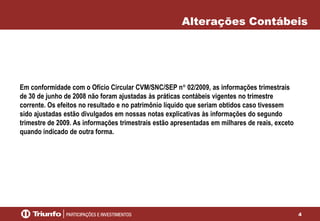 Alterações Contábeis

Em conformidade com o Ofício Circular CVM/SNC/SEP n 02/2009, as informações trimestrais
de 30 de junho de 2008 não foram ajustadas às práticas contábeis vigentes no trimestre
corrente. Os efeitos no resultado e no patrimônio líquido que seriam obtidos caso tivessem
sido ajustadas estão divulgados em nossas notas explicativas às informações do segundo
trimestre de 2009. As informações trimestrais estão apresentadas em milhares de reais, exceto
quando indicado de outra forma.

4

 