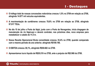 I - Destaques
O tráfego total de nossas concessões rodoviárias cresceu 1,5% no 2T09 em relação ao 2T08,
atingindo 14.877 mil veículos equivalentes.
A movimentação de contêineres cresceu 78,6% no 2T09 em relação ao 2T08, atingindo
97.917 TEUs.
No dia 15 de julho o Porto de Itajaí, junto com o Porto de Navegantes, inicia dragagem de
manutenção do rio Itajaí-açú e deverá contratar, nos próximos dias, nova empresa para
restabelecer o calado de 11,5 m.
Nossa Receita Operacional Bruta consolidada cresceu 35,4% no 2T09, quando comparada
com o mesmo período do ano anterior, atingindo R$100.196.
O EBITDA cresceu 38,1%, atingindo R$50.682 no 2T09.
Apresentamos lucro líquido de R$20.219 no 2T09, ante o prejuízo de R$2.968 do 2T08.

6

 