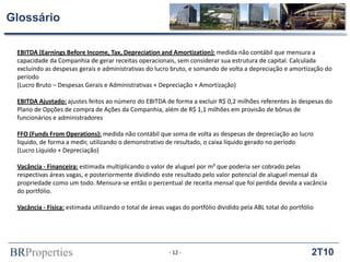 Glossário

 EBITDA (Earnings Before Income, Tax, Depreciation and Amortization): medida não contábil que mensura a
 capacidade da Companhia de gerar receitas operacionais, sem considerar sua estrutura de capital. Calculada
 excluindo as despesas gerais e administrativas do lucro bruto, e somando de volta a depreciação e amortização do
 período
 (Lucro Bruto – Despesas Gerais e Administrativas + Depreciação + Amortização)

 EBITDA Ajustado: ajustes feitos ao número do EBITDA de forma a excluir R$ 0,2 milhões referentes às despesas do
 Plano de Opções de compra de Ações da Companhia, além de R$ 1,1 milhões em provisão de bônus de
 funcionários e administradores

 FFO (Funds From Operations): medida não contábil que soma de volta as despesas de depreciação ao lucro
 liquido, de forma a medir, utilizando o demonstrativo de resultado, o caixa líquido gerado no período
 (Lucro Líquido + Depreciação)

 Vacância - Financeira: estimada multiplicando o valor de aluguel por m² que poderia ser cobrado pelas
 respectivas áreas vagas, e posteriormente dividindo este resultado pelo valor potencial de aluguel mensal da
 propriedade como um todo. Mensura-se então o percentual de receita mensal que foi perdida devida a vacância
 do portfólio.

 Vacância - Física: estimada utilizando o total de áreas vagas do portfólio dividido pela ABL total do portfólio




BRProperties                                             - 12 -                                                2T10
 