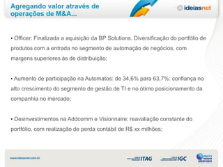 Agregando valor através de
operações de M&A...


• Officer: Finalizada a aquisição da BP Solutions. Diversificação do portfólio de

produtos com a entrada no segmento de automação de negócios, com
margens superiores às de distribuição;


• Aumento de participação na Automatos: de 34,6% para 63,7%: confiança no

alto crescimento do segmento de gestão de TI e no ótimo posicionamento da
companhia no mercado;


• Desinvestimentos na Addcomm e Visionnaire: reavaliação constante do
portfólio, com realização de perda contábil de R$ xx milhões;
 