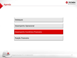 Agenda




                 Destaques


                 Desempenho Operacional


                 Desempenho Econômico-Financeiro


                 Posição Financeira




         Divulgação de Resultados 2T12 | 14 de Agosto de 2012   10
 