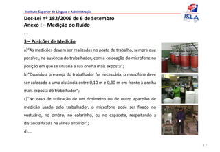 Instituto Superior de Línguas e Administração

Dec‐Lei nº 182/2006 de 6 de Setembro
Anexo I – Medição do Ruído 
...
3 – Posições de Medição
a)“As medições devem ser realizadas no posto de trabalho, sempre que 
possível, na ausência do trabalhador, com a colocação do microfone na 
posição em que se situaria a sua orelha mais exposta”;
b)“Quando a presença do trabalhador for necessária, o microfone deve 
ser colocado a uma distância entre 0,10 m e 0,30 m em frente à orelha 
mais exposta do trabalhador”;
c)“No  caso  de  utilização  de  um  dosímetro  ou  de  outro  aparelho  de 
medição  usado  pelo  trabalhador,  o  microfone  pode  ser  fixado  no 
vestuário,  no  ombro,  no  colarinho,  ou  no  capacete,  respeitando  a 
distância fixada na alínea anterior”;
d)....


                                                                               17
 