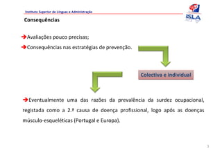 Instituto Superior de Línguas e Administração

Consequências


  Avaliações pouco precisas;
  Consequências nas estratégias de prevenção.



                                                    Colectiva e individual



   Eventualmente  uma  das  razões  da  prevalência  da  surdez  ocupacional, 
registada  como  a  2.ª causa  de  doença  profissional,  logo  após  as  doenças 
músculo‐esqueléticas (Portugal e Europa).



                                                                                     3
 