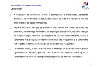Instituto Superior de Línguas e Administração

 Conclusões

1)      A  colocação  do  sonómetro  móvel  a  acompanhar  o  trabalhador,  apresenta 
        diferenças relativamente aos resultados obtidos quando o sonómetro é fixo nas 
        proximidades do posto de trabalho;

2)      Mesmo  em  casos  em  que  as  diferenças  dos  valores  dos  níveis  de  ruído  são 
        próximos, há diferença em matéria de exposição pessoal ao ruído, uma vez que 
        os  espectros  registados  têm  um  espectro  de  carácter  tonal  diferente,  isto  é,  o 
        sonómetro  móvel  regista  predominantemente  alta  frequência  e  o  sonómetro 
        fixo regista predominantemente baixa ou muito baixa frequência;

3)      Do  mesmo  modo,  e  nos  casos  em  que  a  diferença  de  nível  de  ruído  é pouco 
        significativa  e  estamos  perante  um  espectro  de  carácter  tonal  igual,  o 
        sonómetro fixo apresenta componentes significativas de baixa frequência; 


                                                                                                      31
 