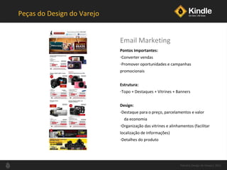 Peças do Design do Varejo Pontos Importantes: Converter vendas Promover oportunidades e campanhas promocionais Estrutura: Topo + Destaques + Vitrines + Banners Design: Destaque para o preço, parcelamentos e valor da economia Organização das vitrines e alinhamentos (facilitar localização de informações) Detalhes do produto Email Marketing Palestra Design de Varejo| 2011 