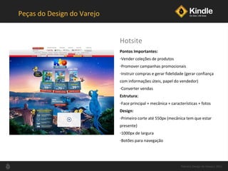 Peças do Design do Varejo Pontos Importantes: Vender coleções de produtos Promover campanhas promocionais Instruir compras e gerar fidelidade (gerar confiança com informações úteis, papel do vendedor) Converter vendas Estrutura: Face principal + mecânica + características + fotos Design: Primeiro corte até 550px (mecânica tem que estar presente) 1000px de largura Botões para navegação Hotsite Palestra Design de Varejo| 2011 