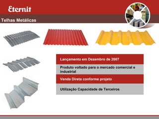 Telhas Metálicas




                   Lançamento em Dezembro de 2007

                   Produto voltado para o mercado comercial e
                   industrial

                   Venda Direta conforme projeto

                   Utilização Capacidade de Terceiros
 
