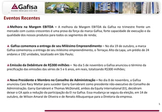 Eventos Recentes
5
Melhora na Margem EBITDA – A melhora da Margem EBITDA da Gafisa no trimestre frente um
mercado com custos crescentes é uma prova da força da marca Gafisa, forte capacidade de execução e da
qualidade dos nossos produtos para todos os segmentos de renda;
Gafisa comemora a entrega de seu Milésimo Empreendimento – No dia 19 de outubro, a marca
Gafisa comemorou a entrega de seu milésimo empreendimento, o Terraças Alto da Lapa, um prédio de 24
andares e 192 unidades, localizado em São Paulo;
Emissão da Debênture de R$300 milhões – No dia 5 de novembro a Gafisa anunciou o término da
precificação das emissões das séries de 5 e 6 anos, em reais, totalizando R$300 milhões;
Novo Presidente e Membro no Conselho de Administração – No dia 8 de novembro, a Gafisa
anunciou Caio Racy Mattar para suceder Garry Garrabrant como presidente não-executivo do Conselho de
Administração. Garry Garrabrant e Thomas McDonald, ambos da Equity International (EI), decidiram
deixar o CA após a redução da participação da EI na Gafisa. Essa mudança se seguiu da eleição, em 14 de
outubro, de Wilson Amaral de Oliveira e de Renato Albuquerque para a Diretoria da empresa.
 