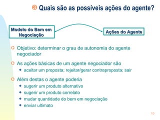 Quais são as possíveis ações do agente? Objetivo: determinar o grau de autonomia do agente negociador As ações básicas de um agente negociador são aceitar um proposta; rejeitar/gerar contraproposta; sair Além destas o agente poderia sugerir um produto alternativo sugerir um produto correlato mudar quantidade do bem em negociação enviar ultimato Modelo do Bem em  Negociação  Ações do Agente 