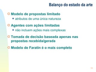 Balanço do estado da arte Modelo de propostas limitado atributos de uma única natureza Agentes com ações limitadas não incluem ações mais complexas  Tomada de decisão baseada apenas nas propostas recebida/gerada Modelo de Faratin é o mais completo 