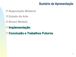 Sumário da Apresentação Negociação Bilateral Estado da Arte Nosso Modelo Implementação Conclusão e Trabalhos Futuros 