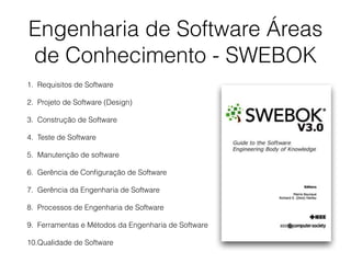 Engenharia de Software Áreas
de Conhecimento - SWEBOK
1. Requisitos de Software
2. Projeto de Software (Design)
3. Construção de Software
4. Teste de Software
5. Manutenção de software
6. Gerência de Conﬁguração de Software
7. Gerência da Engenharia de Software
8. Processos de Engenharia de Software
9. Ferramentas e Métodos da Engenharia de Software
10.Qualidade de Software
 