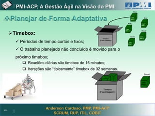 Project Management




     Timebox:
        Períodos de tempo curtos e fixos;
        O trabalho planejado não concluído é movido para o
       próximo timebox;
           Reuniões diárias são timebox de 15 minutos;
           Iterações são “tipicamente” timebox de 02 semanas.




15
 