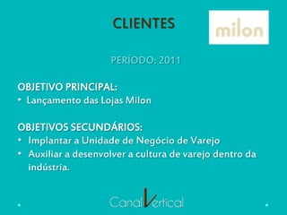 CLIENTES
PERÍODO: 2011
OBJETIVO PRINCIPAL:
•  Lançamento das Lojas Milon
OBJETIVOS SECUNDÁRIOS:
•  Implantar a Unidade de Negócio de Varejo
•  Auxiliar a desenvolver a cultura de varejo dentro da
indústria.
 