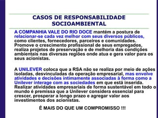 CASOS DE RESPONSABILIDADE
SOCIOAMBIENTAL
A COMPANHIA VALE DO RIO DOCE mantém a postura de
relacionar-se cada vez melhor com seus diversos públicos,
como clientes, fornecedores, parceiros e comunidades.
Promove o crescimento profissional de seus empregados,
realiza projetos de preservação e de melhoria das condições
ambientais nas diversas regiões onde atua e gera valor para os
seus acionistas.
A UNILEVER coloca que a RSA não se realiza por meio de ações
isoladas, desvinculadas da operação empresarial, mas envolve
atividades e decisões intimamente associadas à forma como a
Unilever interage com as sociedades em que está inserida.
Realizar atividades empresariais de forma sustentável em todo o
mundo é premissa que a Unilever considera essencial para
crescer, prosperar a longo prazo e agregar valor aos
investimentos dos acionistas.
É MAIS DO QUE UM COMPROMISSO !!!
 