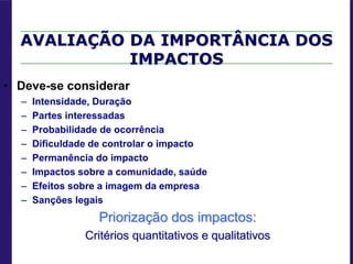 AVALIAÇÃO DA IMPORTÂNCIA DOS
IMPACTOS
• Deve-se considerar
– Intensidade, Duração
– Partes interessadas
– Probabilidade de ocorrência
– Dificuldade de controlar o impacto
– Permanência do impacto
– Impactos sobre a comunidade, saúde
– Efeitos sobre a imagem da empresa
– Sanções legais
Priorização dos impactos:
Critérios quantitativos e qualitativos
 