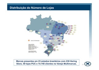Distribuição do Número de Lojas
Marcas presentes em 23 estados brasileiros com 230 Hering
Store, 59 lojas PUC e 14.748 clientes no Varejo Multimarcas. 14
 