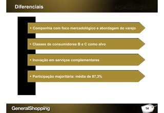 Diferenciais
Companhia com foco mercadológico e abordagem do varejoCompanhia com foco mercadológico e abordagem do varejo
Classes de consumidores B e C como alvoClasses de consumidores B e C como alvo
Inovação em serviços complementaresInovação em serviços complementares
Participação majoritária: média de 87,3%Participação majoritária: média de 87,3%
14
 