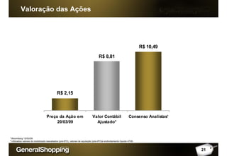 Valoração das Ações
R$ 10,49
R$ 8,81
R$ 2,15
Preço da Ação em
20/03/09
Valor Contábil
Ajustado*
Consenso Analistas¹
21
¹ Bloomberg 12/03/09.
* Utilizados valores do imobilizado reavaliados (pré-IPO), valores de aquisição (pós-IPO)e endividamento líquido 4T08.
 