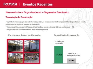 1010
Tecnologia de Construção
 Agilidade na execução da estrutura do prédio, e no acabamento final possibilitando ganhos de escala,
otimização de esforços e redução de custos;
 Criamos o Sistema de Edifícios pré fabricados, com a primeira fábrica em Canoas – RS
Projeto Escola: Treinamento de mão-de-obra própria
Paredes em Painel de Concreto Capacidade de execução
Eventos Recentes
Nova estrutura Organizacional – Segmento Econômico
 