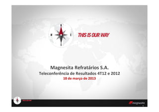 11
Magnesita Refratários S.A.
Teleconferência de Resultados 4T12 e 2012
18 de março de 2013
 