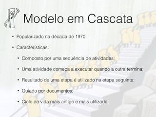 Modelo em Cascata
• Popularizado na década de 1970;
• Características:
• Composto por uma sequência de atividades;
• Uma atividade começa a executar quando a outra termina;
• Resultado de uma etapa é utilizado na etapa seguinte;
• Guiado por documentos;
• Ciclo de vida mais antigo e mais utilizado.
 