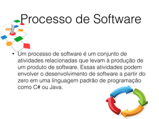 • Um processo de software é um conjunto de
atividades relacionadas que levam à produção de
um produto de software. Essas atividades podem
envolver o desenvolvimento de software a partir do
zero em uma linguagem padrão de programação
como C# ou Java.
Processo de Software
 