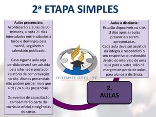 5.
CERTIFICAÇÃO
1.
MATRÍCULA
2.
AULAS
3.
LEITURAS
4.
PRÁTICAS
Aulas presenciais:
Acontecerão 2 aulas de 60
minutos, a cada 21 dias
intercaladas entre sábados à
tarde e domingos pela
manhã, seguindo o
calendário publicado.
Caso alguma aula seja
perdida deverá ser asistida
pela internet e prestado
relatório de comprovação
no site. Alunos presenciais
não podem perder mais que
4 das 24 aulas presenciais.
Os eventos de capacitação
também farão parte do
curriculo oficial e exigências
do curso.
Aulas à distância:
Estarão disponíveis no site,
3 dias após as aulas
presenciais serem
apresentadas.
Cada aula deve ser assistida
na íntegra e respondido o
seu respectivo questionário
dentro do intervalo de uma
aula para a outra. Não há
margem de perda de aulas
para alunos à distãncia.
 