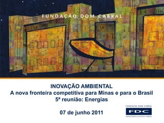 INOVAÇÃO AMBIENTAL
A nova fronteira competitiva para Minas e para o Brasil
                  5ª reunião: Energias

                   07 de junho 2011
 