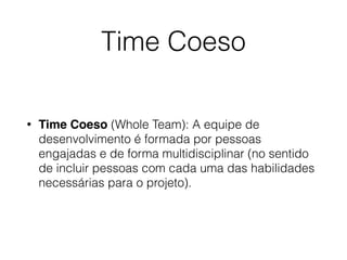 Time Coeso
• Time Coeso (Whole Team): A equipe de
desenvolvimento é formada por pessoas
engajadas e de forma multidisciplinar (no sentido
de incluir pessoas com cada uma das habilidades
necessárias para o projeto).
 
