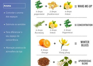 •	 Controlar o aroma
dos espaços
•	 Estimula os sentidos
•	 Para diferenciar o
seu espaço da
concorrência
•	 Alteração positiva da
atmosfera da loja
Aroma
 
