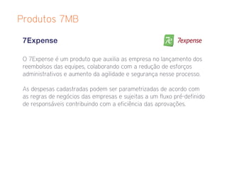 Produtos 7MB

 7Expense

 O 7Expense é um produto que auxilia as empresa no lançamento dos
 reembolsos das equipes, colaborando com a redução de esforços
 administrativos e aumento da agilidade e segurança nesse processo.

 As despesas cadastradas podem ser parametrizadas de acordo com
 as regras de negócios das empresas e sujeitas a um fluxo pré-definido
 de responsáveis contribuindo com a eficiência das aprovações.
 