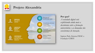 Projeto Alexandria
Por que?
A sociedade digital está
explicitando ainda mais a
dessintonia entre a formação
universitária e as demandas dos
ecossistemas de inovação.
Sapiens Park, Sistema FIESC e
Fundação CERTI
 