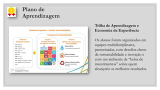 Plano de
Aprendizagem
Trilha de Aprendizagem e
Economia da Experiência
Os alunos foram organizados em
equipes multidisciplinares,
patrocinadas, com desafios claros
de sustentabilidade e inovação e
com um ambiente de “bolsa de
investimentos” sobre quem
alcançaria os melhores resultados.
 