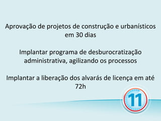 Aprovação de projetos de construção e urbanísticos
                   em 30 dias

    Implantar programa de desburocratização
      administrativa, agilizando os processos

Implantar a liberação dos alvarás de licença em até
                       72h
 