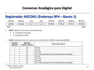 Conversor Analógico para Digital
11
UTFPR – Campus Curitiba
Prof. Amauri Assef
Registrador ADCON1 (Endereço 9FH – Banco 1)
 ADFM: Seleção do formato do resultado do A/D
 0 – justificado à esquerda
 1 – justificado à direita
 ADCS2: Seleção do clock em conjunto com os bits ADCS1: ADCS0 do registradorADCON0
 
